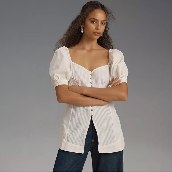 NWT! Anthropologie White Maeve Puff-Sleeve Sweetheart Top Size L 🍓 - Picture 5 of 8